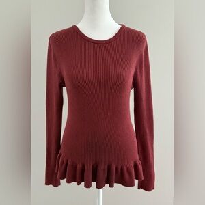 Lipsy London Dark Red Long Sleeve Ribbed Ruffle Knit Top - Size 8